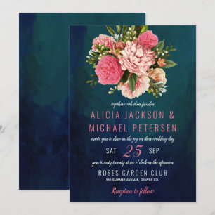 Coral pink and blush flowers bouquet moody wedding invitation