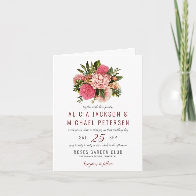 Coral pink and blush flowers bouquet wedding invitation (Front)