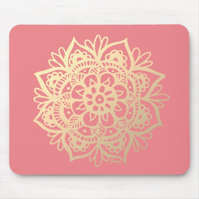 Coral Pink and Gold Mandala Flower Mouse Mat (Front)