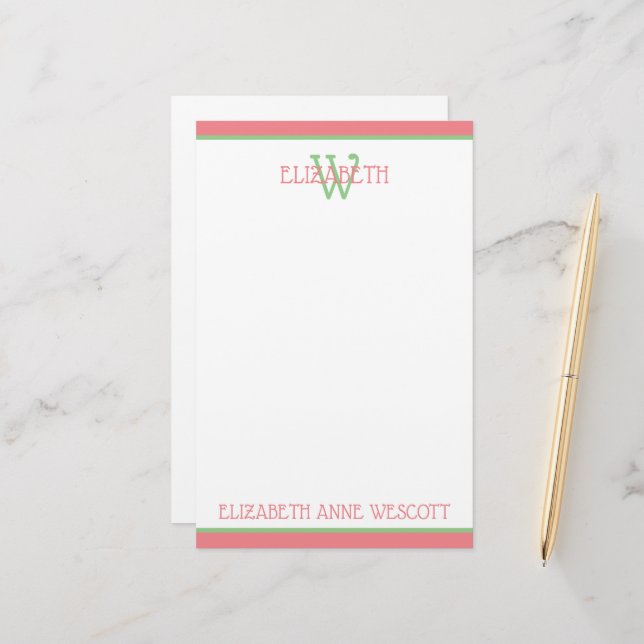 Coral Pink and Green Monogram Stationery (Front/Back In Situ)