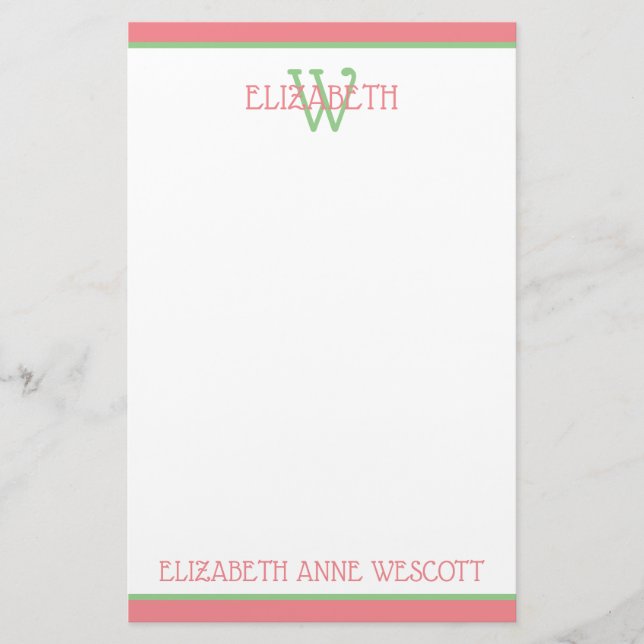 Coral Pink and Green Monogram Stationery (Front)