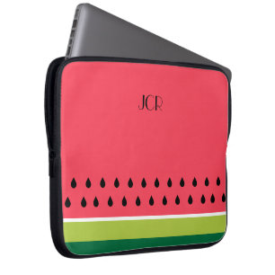 Coral Pink and Green Striped Melon Fruit Pattern Laptop Sleeve