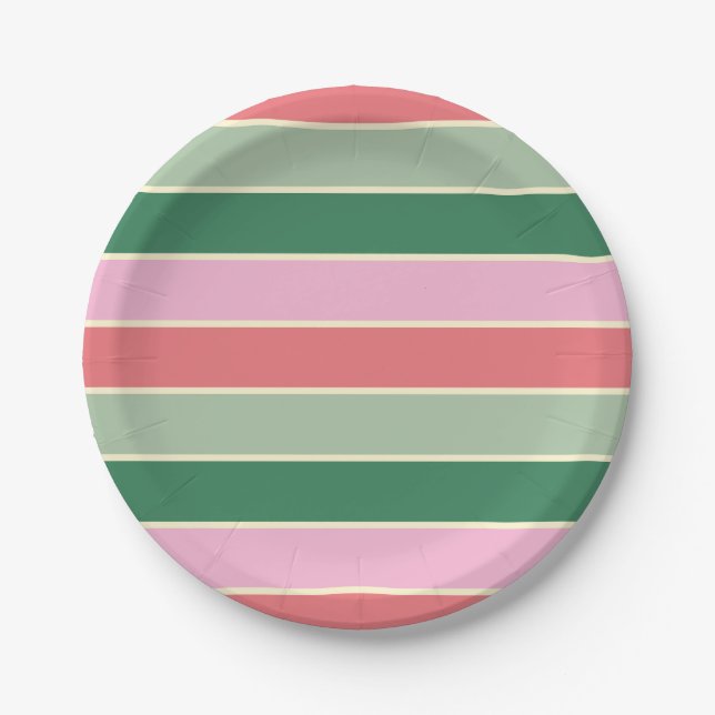 Coral, Pink and Green Stripes Paper Plate (Front)