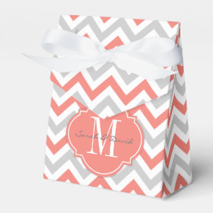 Coral Pink and Grey Chevron Pattern with Monogram Favour Box