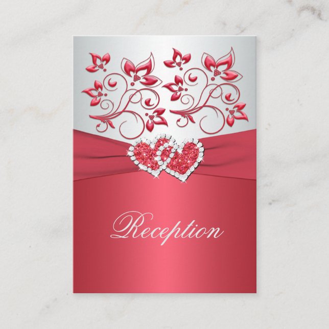 Coral Pink and Grey Floral Hearts Enclosure Card (Front)