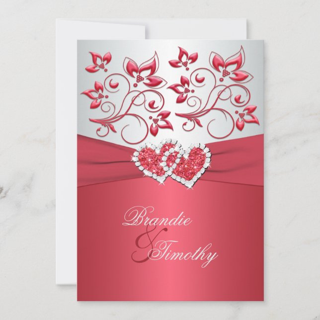 Coral Pink and Grey Floral Hearts Wedding Invite (Front)