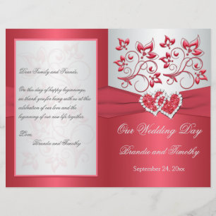 Coral Pink and Grey Floral Hearts Wedding Program