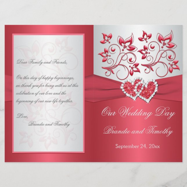 Coral Pink and Grey Floral Hearts Wedding Program (Front)