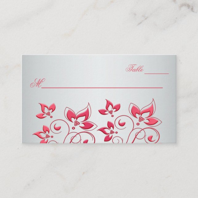 Coral Pink and Grey Floral Place Card (Front)