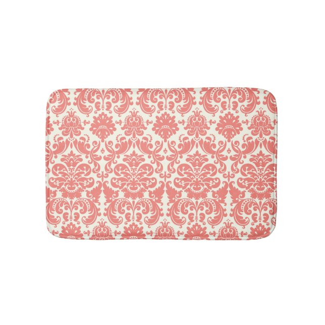 Coral Pink and Ivory Elegant Damask Pattern Bath Mat (Front)