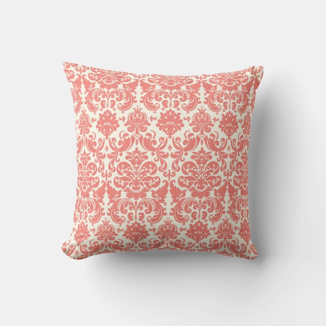 Coral Pink and Ivory Elegant Damask Pattern Cushion (Front)