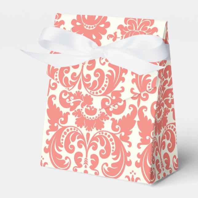 Coral Pink and Ivory Elegant Damask Pattern Favour Box (Front Side)