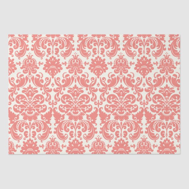 Coral Pink and Ivory Elegant Damask Pattern Tissue Paper (Front)