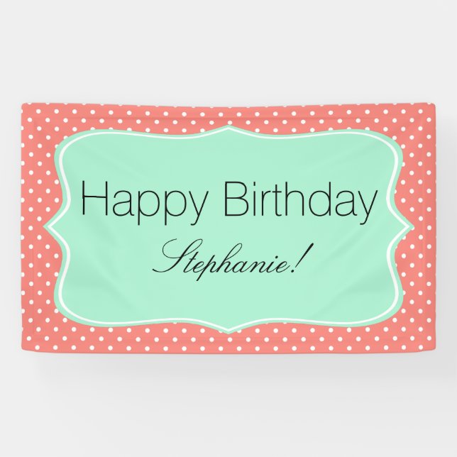 Coral Pink and Mint Green Polka Dot Birthday Party Banner (Horizontal)