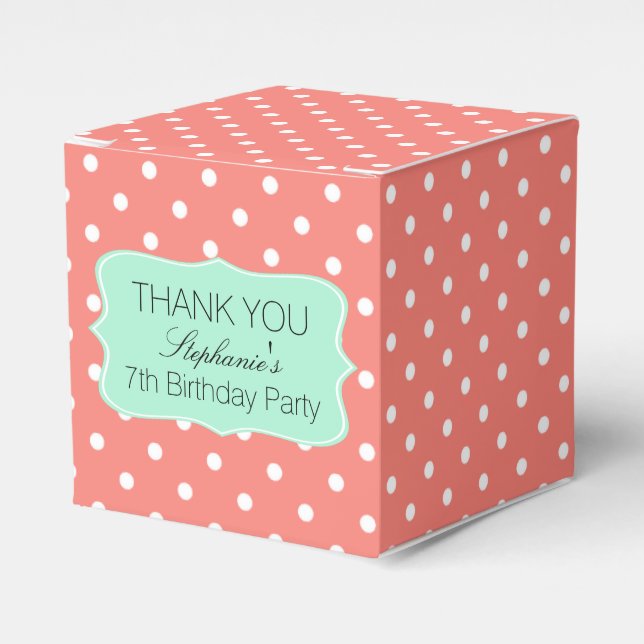 Coral Pink and Mint Green Polka Dot Birthday Party Favour Box (Front Side)