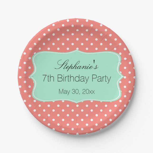 Coral Pink and Mint Green Polka Dot Birthday Party Paper Plate (Front)