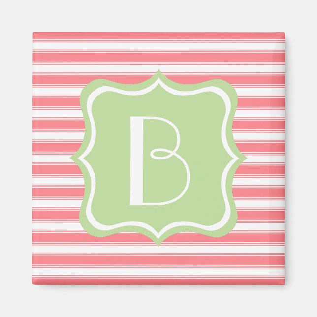 Coral Pink and Mint Green Stripe Monogram Magnet (Front)