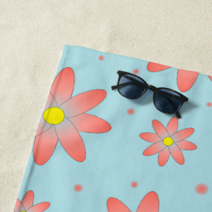 Coral pink and powder blue delicate daisy flowers beach towel