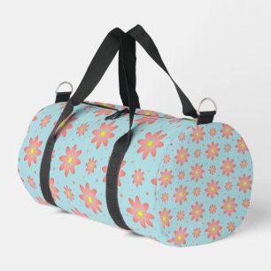 Coral pink and powder blue delicate daisy flowers duffle bag