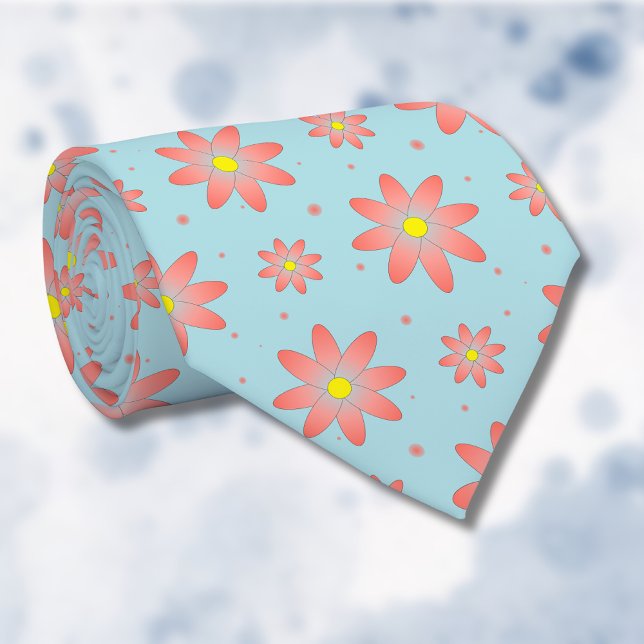 Coral pink and powder blue delicate daisy flowers  tie (Creator Uploaded)