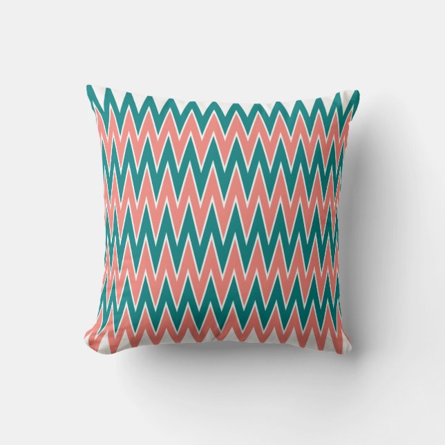 Coral Pink and Teal Zigzag Pattern Cushion (Front)
