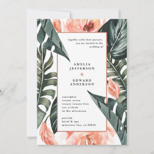 Coral pink and tropical leaf foliage wedding