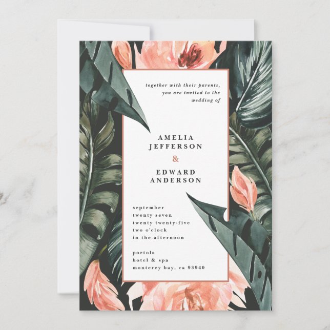 Coral pink and tropical leaf foliage wedding (Front)