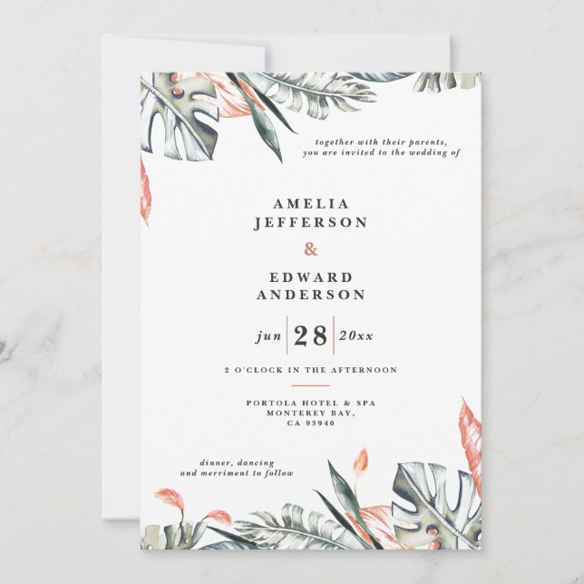 Coral pink and tropical leaf foliage wedding (Front)