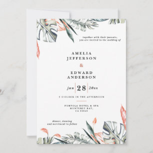 Coral pink and tropical leaf foliage wedding