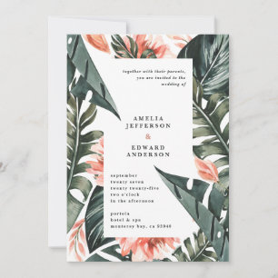 Coral pink and tropical leaf foliage wedding
