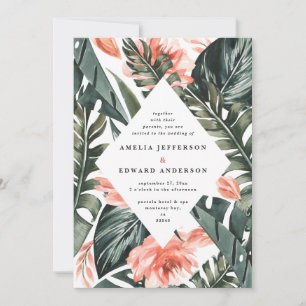 Coral pink and tropical leaf foliage wedding