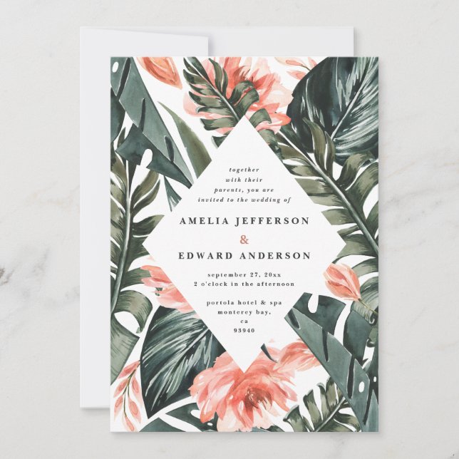 Coral pink and tropical leaf foliage wedding (Front)