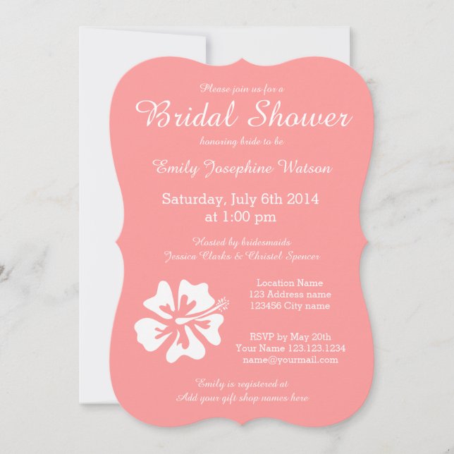 Coral pink and white bridal shower invitations (Front)