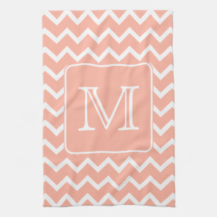 Coral Pink and White Chevron with Custom Monogram. Tea Towel