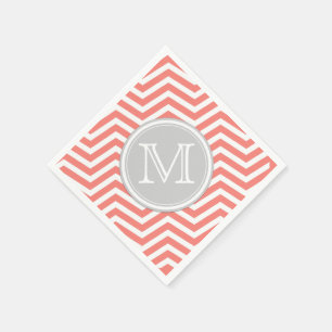 Coral Pink and White Chevron with Monogram Napkin