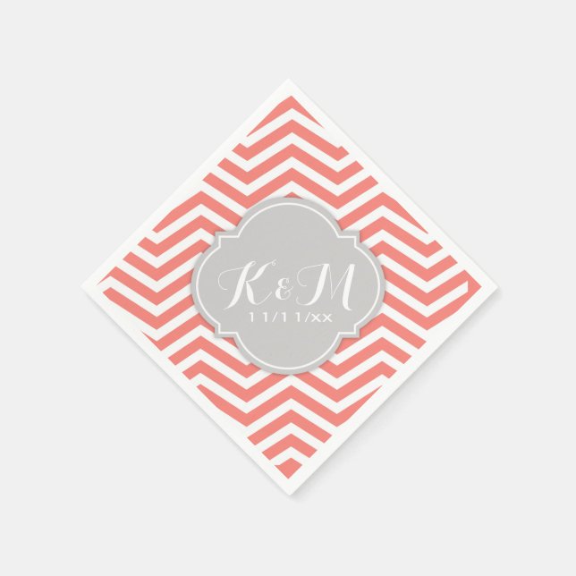 Coral Pink and White Chevron with Monogram Napkin (Corner)