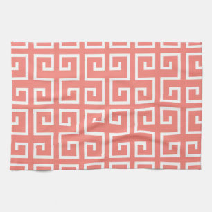 Coral Pink and White Geometric Pattern Tea Towel
