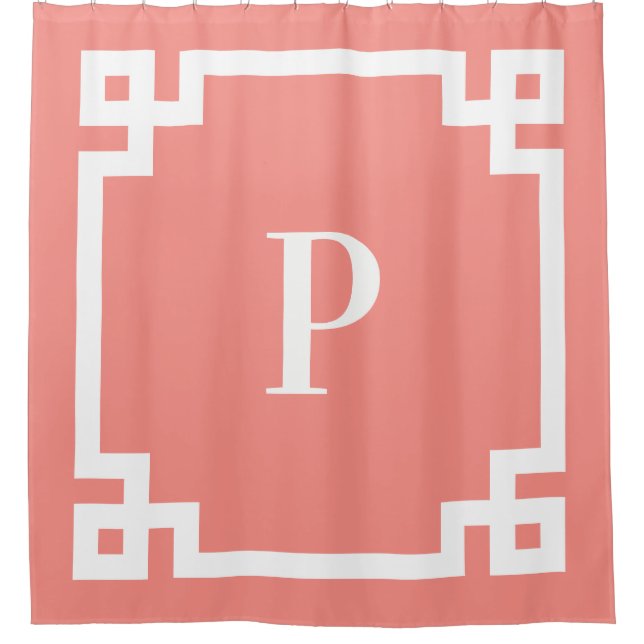 Coral Pink and White Greek Key Bold Monogram Shower Curtain (Front)