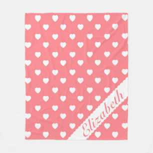 Coral Pink and White Hearts Personalised Fleece Blanket