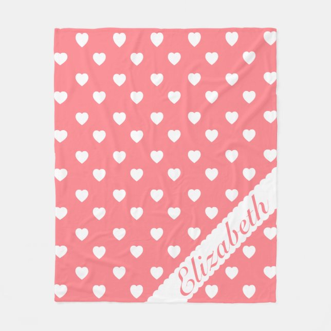 Coral Pink and White Hearts Personalised Fleece Blanket (Front)