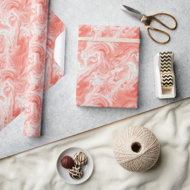 Coral Pink and White Marble-Like Fluid Pattern Wrapping Paper (Crafts)