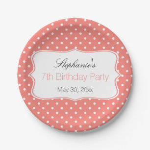 Coral Pink and White Polka Dot Birthday Party Paper Plate
