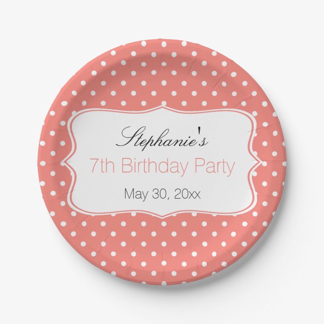Coral Pink and White Polka Dot Birthday Party Paper Plate (Front)