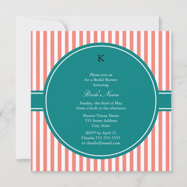 Coral Pink and White Stripes , Teal Bridal Shower Invitation (Front)
