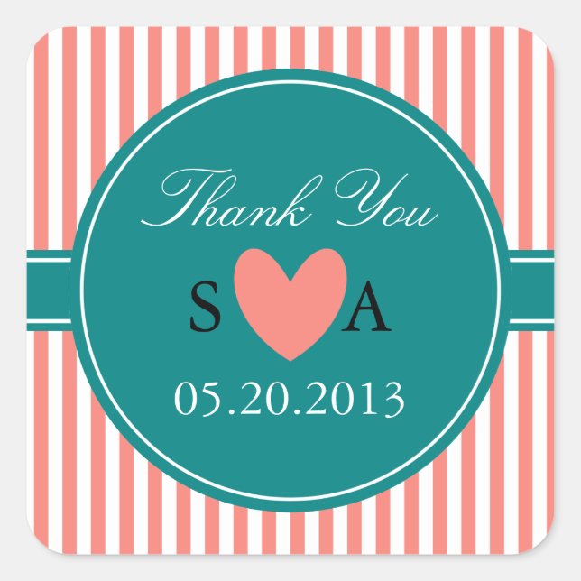 Coral Pink and White Stripes with Teal Thank You Square Sticker (Front)