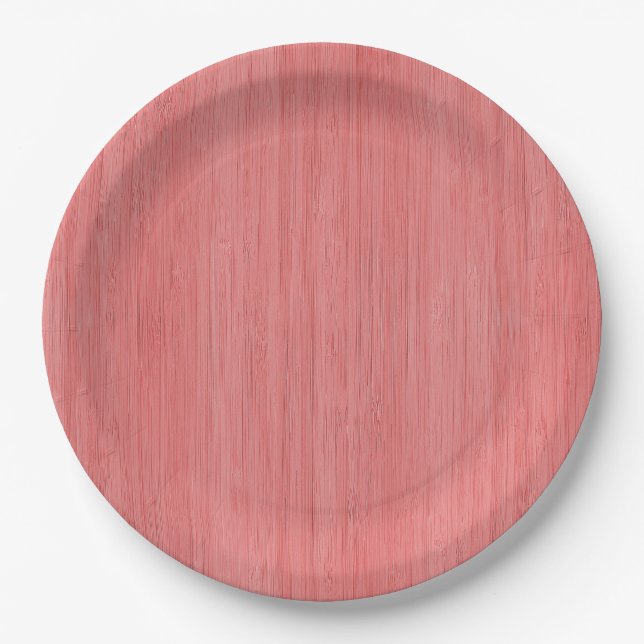 Coral Pink Bamboo Wood Grain Look Paper Plate (Front)