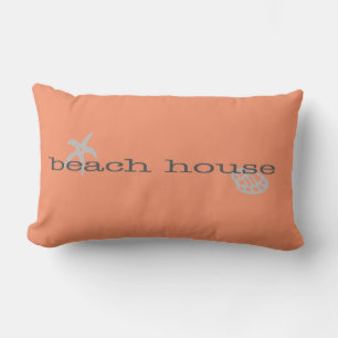 Coral Pink Beach House Pillow with Seashells