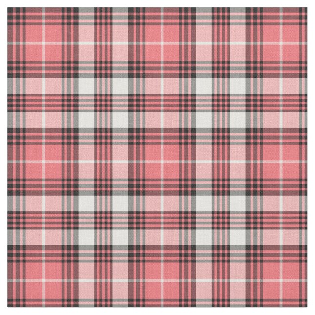 Coral Pink, Black and White Girly Plaid Fabric (Close Up)