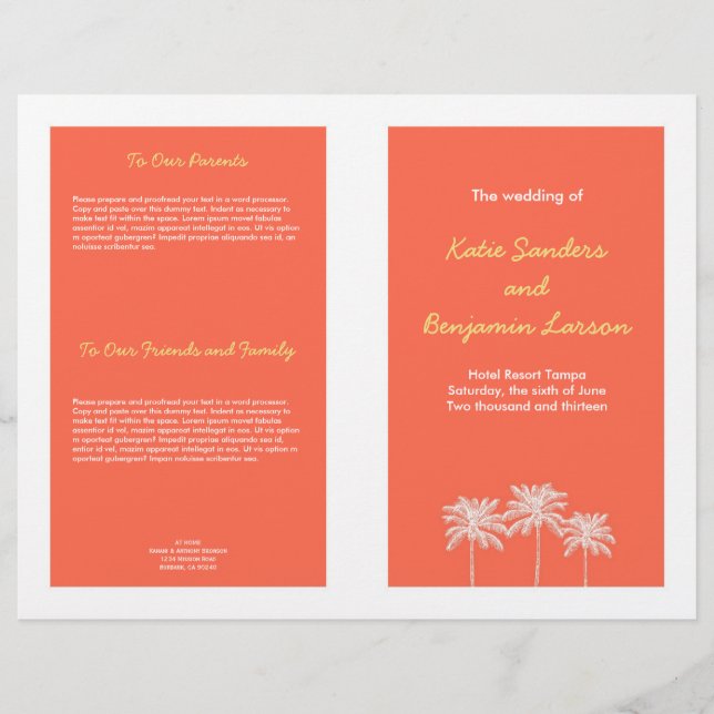 Coral pink block palm trees summer wedding program (Front)