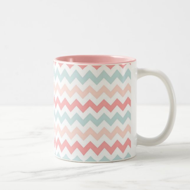 Coral, Pink, Blue Chevron Two-Tone Coffee Mug (Right)